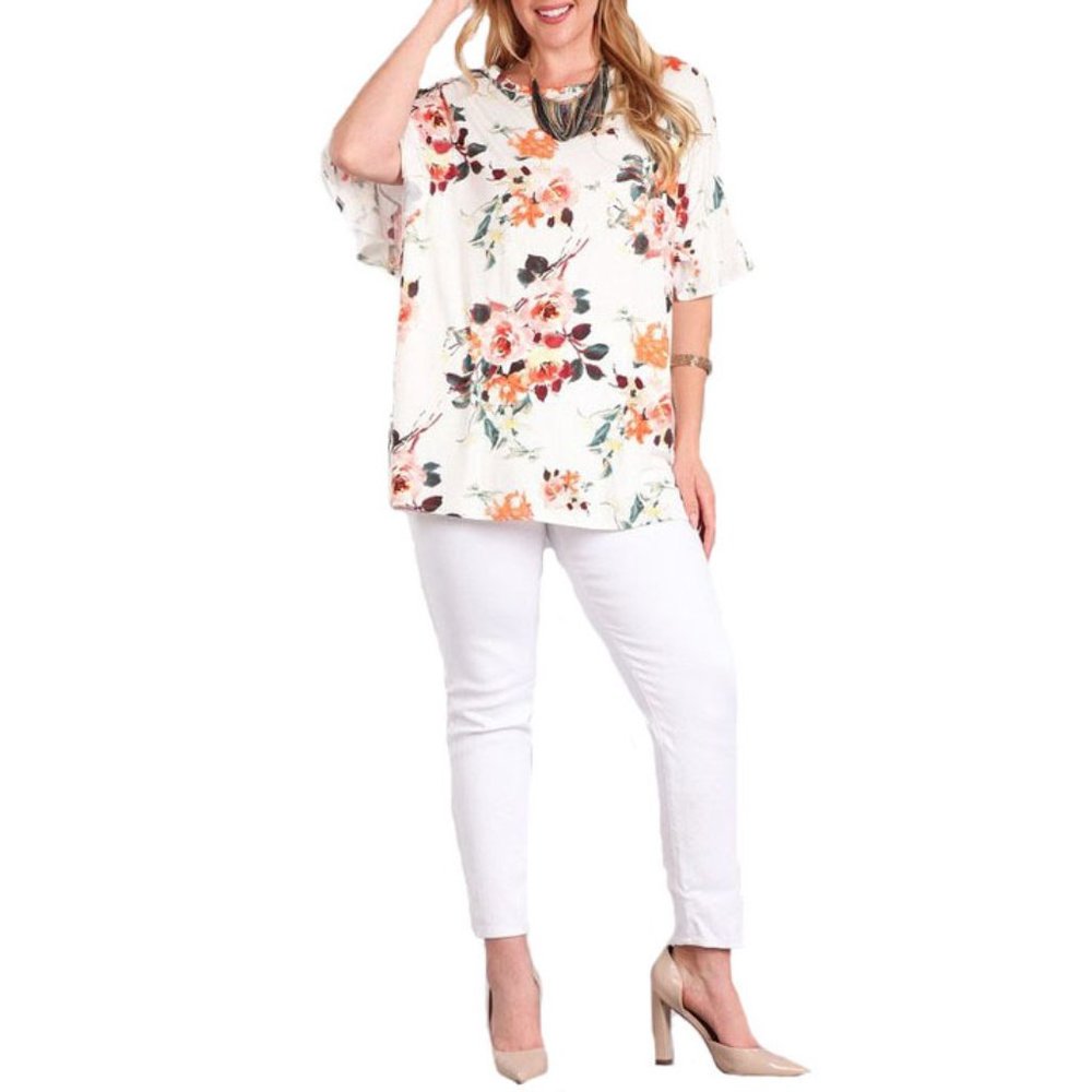 Womens Floral Bell Sleeve Blouse White Plus Size